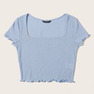 Square neck lettuce trim rib knit tee